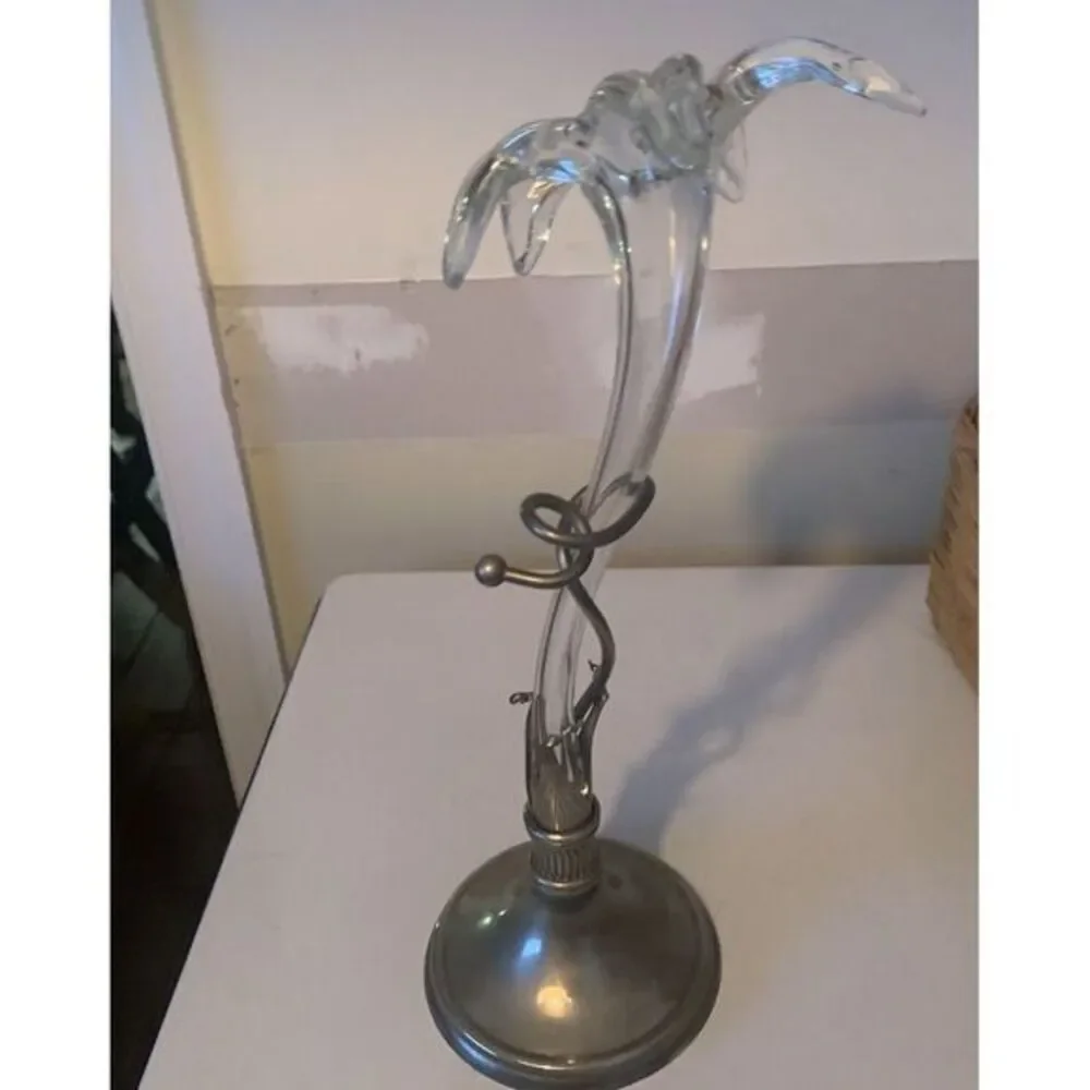 Vintage Blown Glass Lily Vase Art In Silver Tone Base Mid century‎